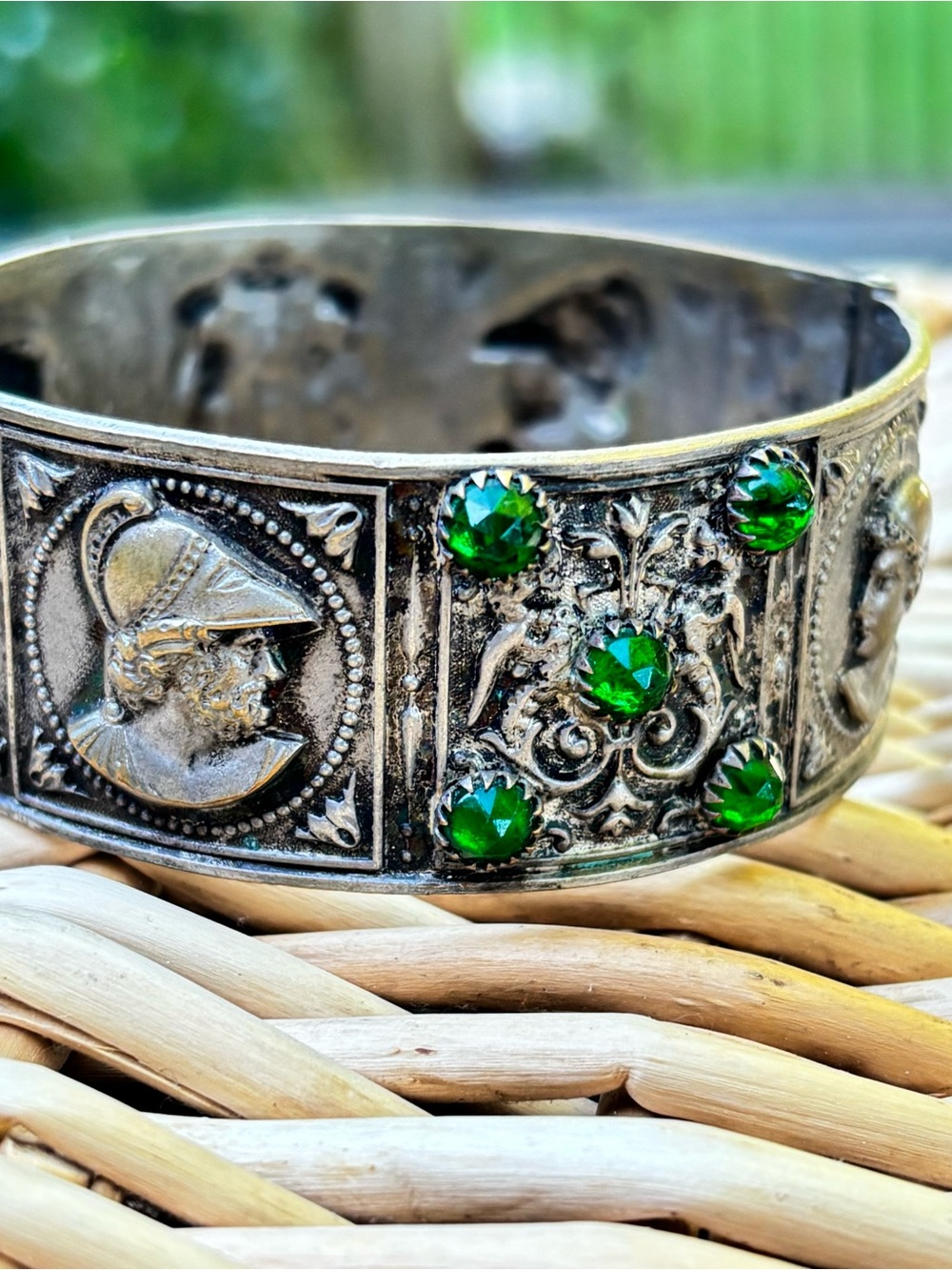 Antique silver tone bracelet with classical cameo style panels